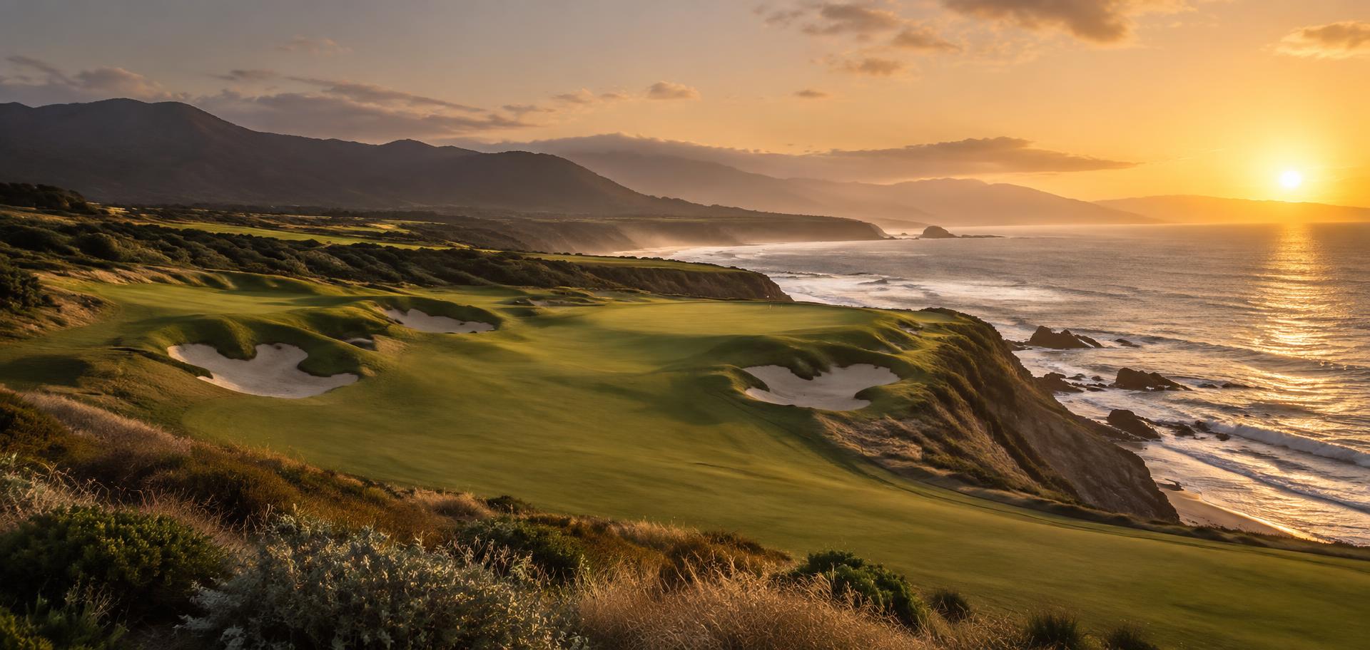 Coastal links golf course at golden hour